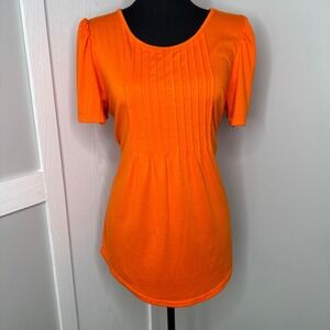 Women's Orange Short Sleeve Pleated Tunic Top‎ Size M Stretchy Flowy Casual